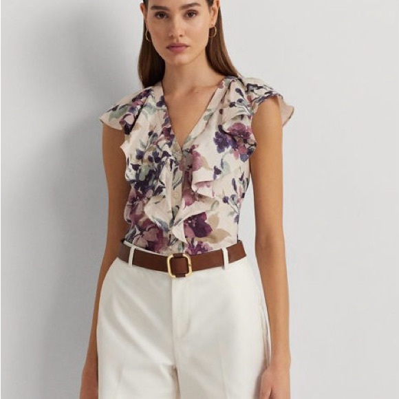 Lauren Ralph Lauren Tops - Lauren Ralph Lauren Floral Linen Blend Blouse Short Sleeve Tie Waist Size L